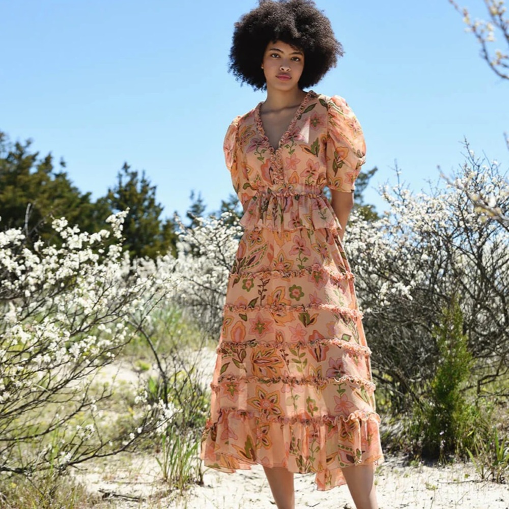 NWT Jessie Zhao Gold Garden Floral Metallic Puff Sleeve Midi Dress Size 4